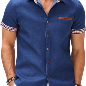 COOFANDY Men's Casual Cotton Short Sleeve Button Down Dress Shirt Plaid Collar Denim Work Shirts