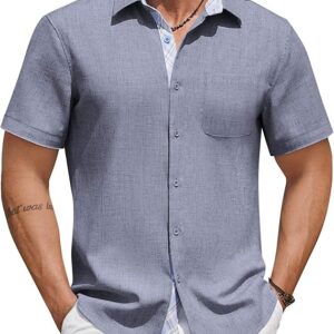 COOFANDY Mens Button Down Shirts Short Sleeve Casual Linen Shirts for Men Summer Beach Wedding Shirt