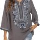 Mexican Embroidered Shirts for Women Bohemian Tops Peasant 3/4 Sleeve V Neck Shirt Tunic Blouses