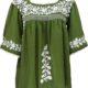 Melliflo Womens Mexican Peasant Shirt Square Neck Half Sleeve Fiesta Shirts Loose Fit Embroidered Cotton Linen Top