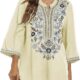 Mexican Embroidered Shirts for Women Bohemian Tops Peasant 3/4 Sleeve V Neck Shirt Tunic Blouses