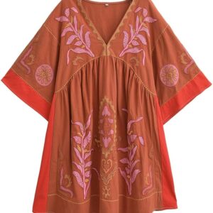 Womens Oversized Embroidered Dress with V-Neck and 3/4 Sleeves Vintage Embroidery Babydoll Dress