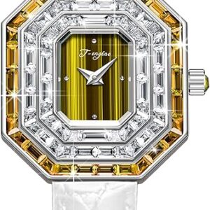 T-ENGINE Wrist Women Watch with Green Zirconia, Sapphire Glass Face, Women's Watch Genuine Leather Strap