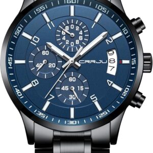 CRRJU Men's Fashion Stainless Steel Watches Date Waterproof Chronograph Wristwatches,Stainsteel Steel Band Waterproof Watch