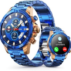Men's Smart Watch Round HD 1.53" Gold Blue Smart Watches for Men, Multiple Sports Modes, Bluetooth Voice Call. Available for iOS and Android (Blue)